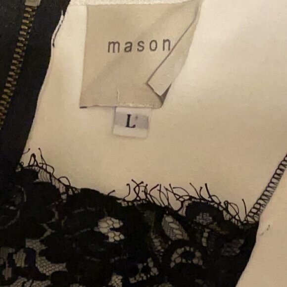 Mason White Sleeveless Bodycon Dress with Sheer Black Lace Peek a boo Panels L - Picture 4 of 4